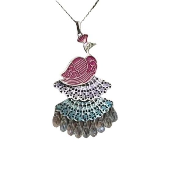 Peacock Necklace Pink Blue with Beads Extra Long - Picture 1 of 6